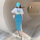 Elbow-sleeve Lettering Print T-shirt / Leopard Print Midi Pencil Skirt