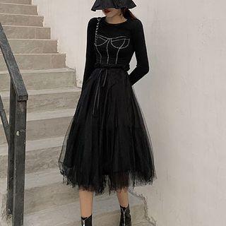 Set: Long-sleeve Top + Midi A-line Mesh Skirt