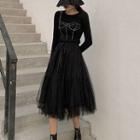 Set: Long-sleeve Top + Midi A-line Mesh Skirt