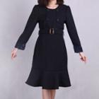 Long-sleeve Buttoned Ruffle-hem Dress