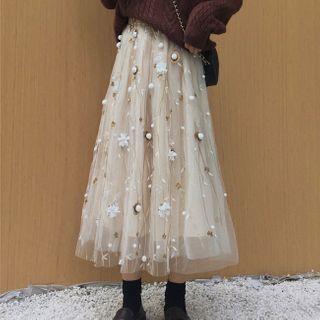 Embellished Midi A-line Mesh Skirt Almond - One Size