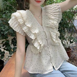 Cap-sleeve Dotted Frill Trim Blouse