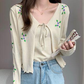Set: Embroidered Cardigan + Camisole Top Cardigan - Beige - One Size / Camisole Top - Beige - One Size