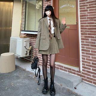 Long-sleeve Plain Shirt + Woolen Blazer + Pleated Mini Skirt