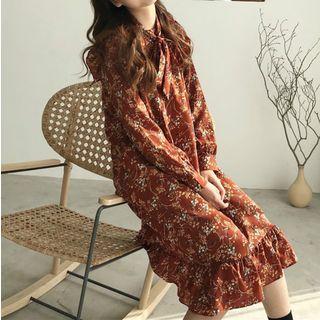 Printed Ruffle Trim Long-sleeve Midi Dress