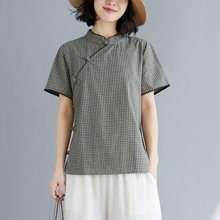 Mandarin Collar Plaid Blouse