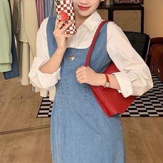 Mock Two-piece Midi Denim Shirt Dress