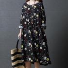Long-sleeve Floral-print Midi Linen Dress