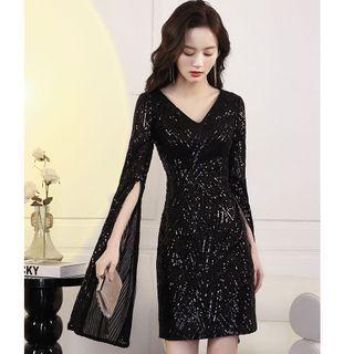 Long-sleeve V-neck Sequined Mini Sheath Dress