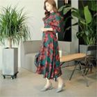 Bloom Print Mandarin-collar Long Chiffon Dress
