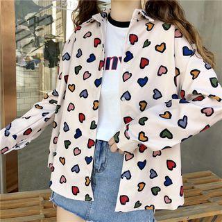 Heart Print Corduroy Shirt As Shown In Figure - One Size