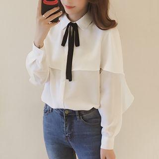 Frill-trim Ribbon-neck Shirt