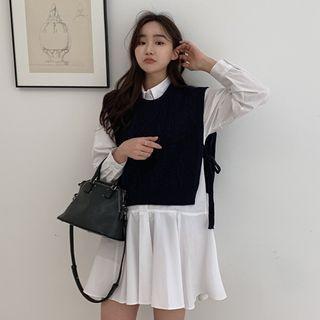 Drawstring Side Knit Vest / Long-sleeve Plain Shirt Dress