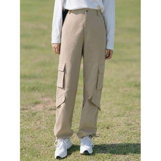 High-waist Plain Cargo Pants With Pocket