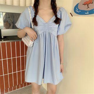 V-neck Puff Short-sleeve A-line Dress Blue - One Size