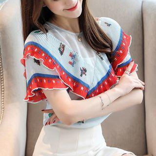 Short-sleeve Printed Ruffled Chiffon Top