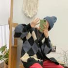 Boucl -knit Argyle Loose-fit Cardigan