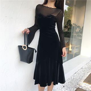 Panel Long-sleeve A-line Velvet Dress