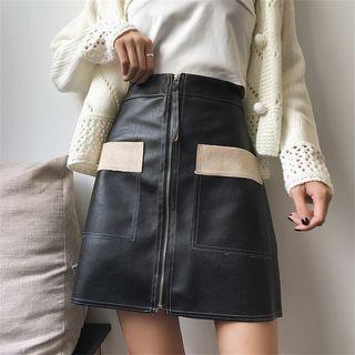 Zip-front A-line Faux Leather Skirt