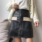Zip-front A-line Faux Leather Skirt