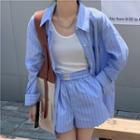 Pocket-detail Striped Long-sleeve Shirt / High-waist Striped Shorts