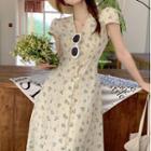 Cap-sleeve V-neck Floral Midi Shirt Dress