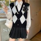 Argyle Button-up Sweater Vest / Plain Shirt / Mini A-line Skirt