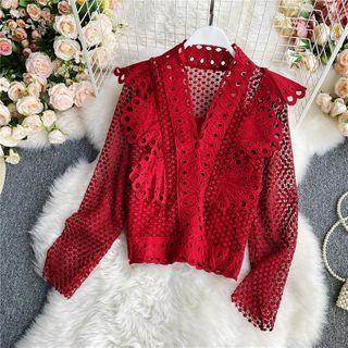 Crochet-lace V-neck Long-sleeve Blouse