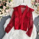 Crochet-lace V-neck Long-sleeve Blouse