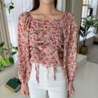 Square-neck Drawstring Floral Cropped Blouse