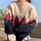 Argyle Sweater Almond & Red & Navy Blue - One Size