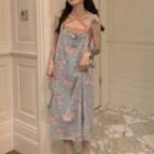 Halter Neck Camisole Top / Flower Print Denim Midi A-line Overall Dress