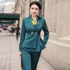 Asymmetric Double-breasted Blazer / Dotted Blouse / Pencil Skirt / Wide Leg Pants / Set