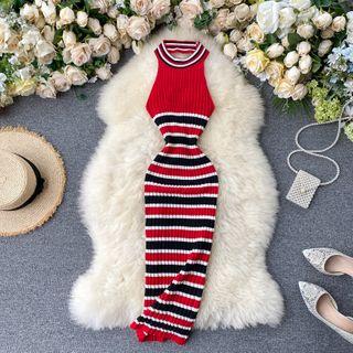 Striped Halter Midi Knit Dress