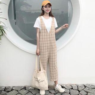 Plaid Straight Cut Pinafore Jumpsuit