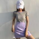 Short-sleeve Plaid Knit Top / A-line Mini Skirt