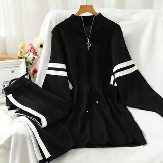 Set: Striped Half-zip Sweater + Straight-cut Pants Black - One Size