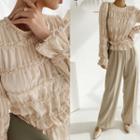 Round-neck Frilled Blouse Beige - One Size