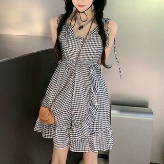 Wood Ear Trim Houndstooth Spaghetti-strap Dress