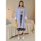 Contrast-collar Wide-cuff Stripe Shirtdress