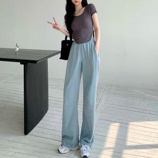 High-waist Wide-leg Pants / Short-sleeve Plain Cropped T-shirt