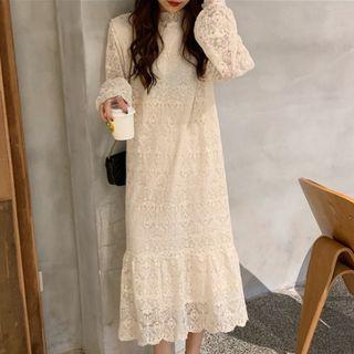 Long-sleeve Midi Lace Dress Off-white - One Size
