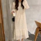 Long-sleeve Midi Lace Dress Off-white - One Size