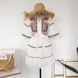 Elbow-sleeve Embroidered Lace A-line Dress