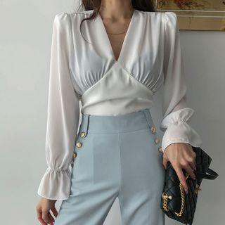 Plunge-neck Shirred Chiffon Blouse