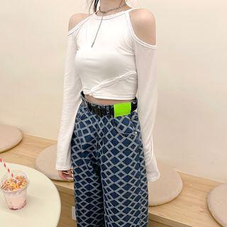 Long-sleeve Cold-shoulder Cutout Crop Top