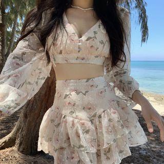 Set: Balloon-sleeve Print Blouse + Layered Mini A-line Skirt
