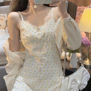 Spaghetti Strap Floral Print Dress / Puff-sleeve Crop Top