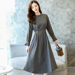 Long Sleeve Round Neck Plaid A-line Dress
