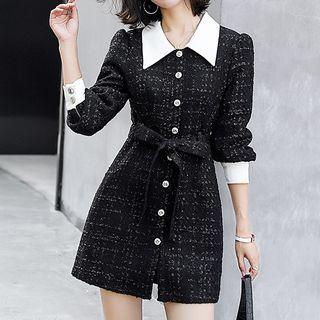 Long-sleeve Collared Tweed Mini A-line Dress